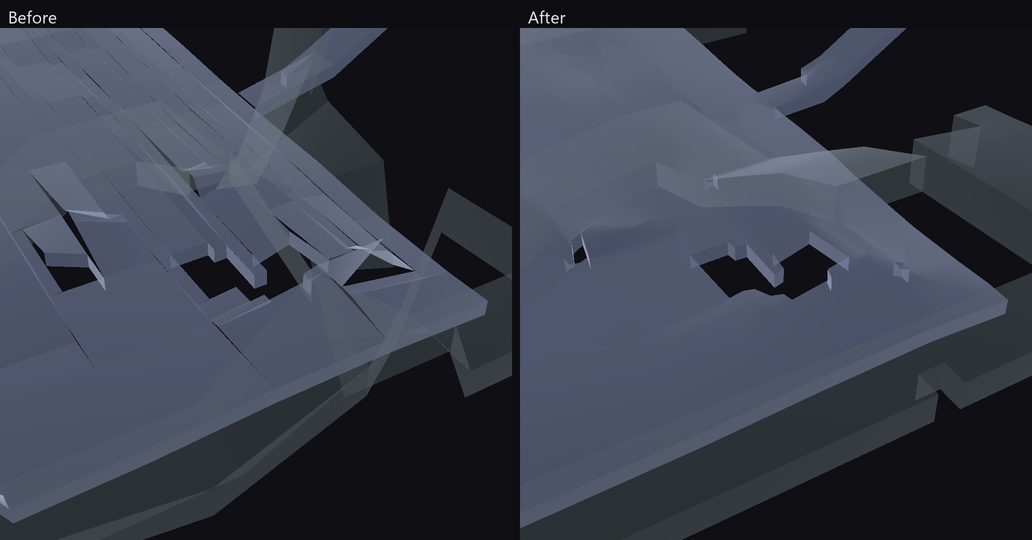 The Rise dungeon map floor near the dragon skeleton, before with streaks and a pit, after as a smooth floor
