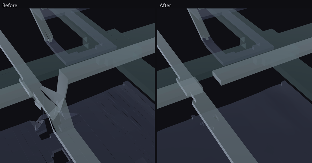 The Rise dungeon map, before and after: a hall with a streaked floor and a folded sheet, then the same view clean