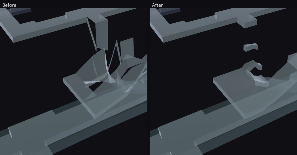 The Rise dungeon map ramp, before with a tent of slanted sheets and after as a smooth ramp