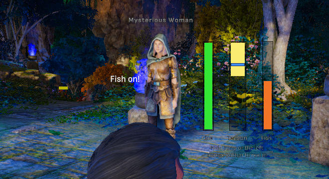 The fishing reel meter mid-fight beside the reticle: a green Line column, a Tension track with a yellow zone and blue bar, and an orange Fish column