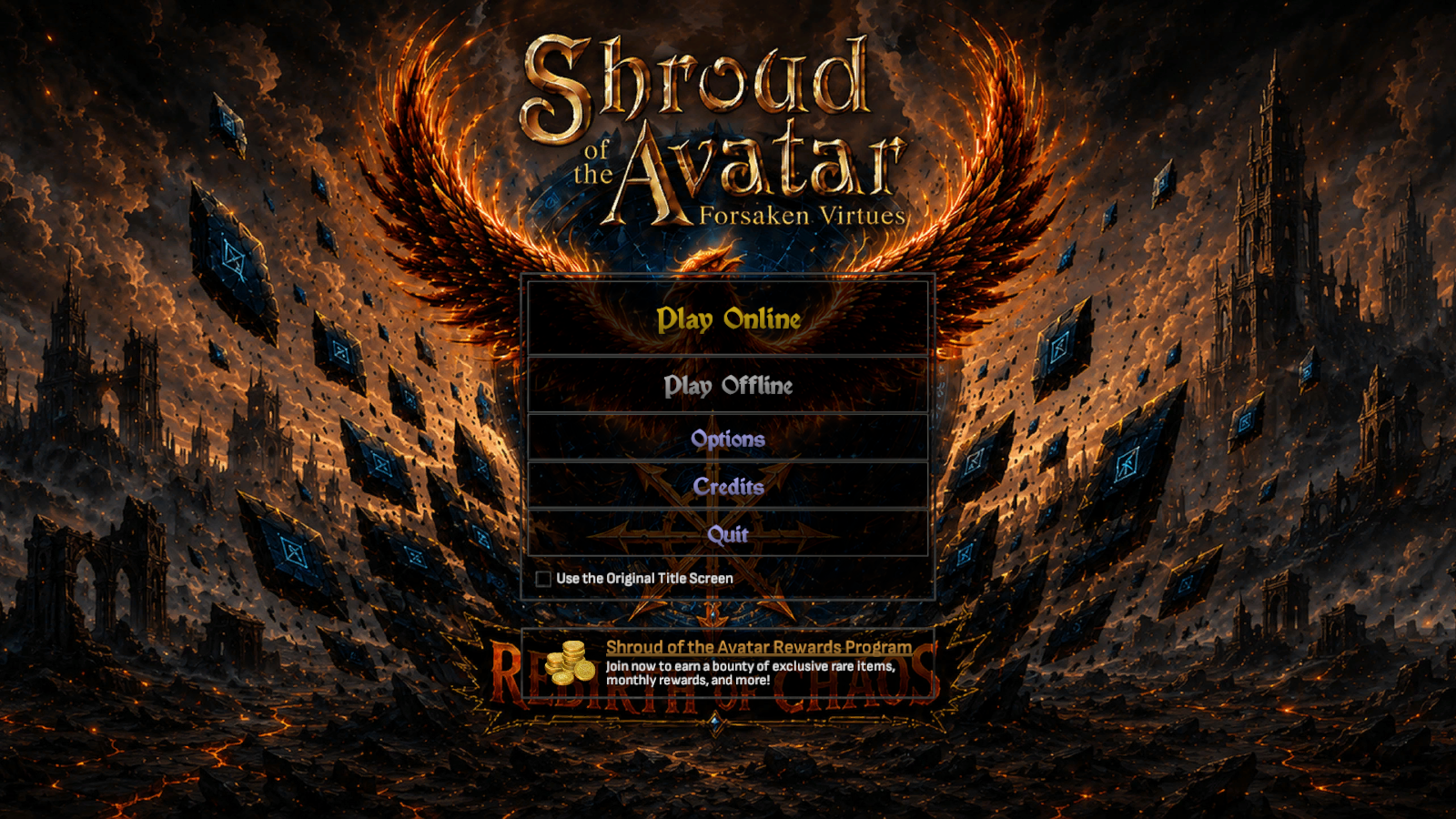 Shroud of the Avatar main menu with Play Offline selectable