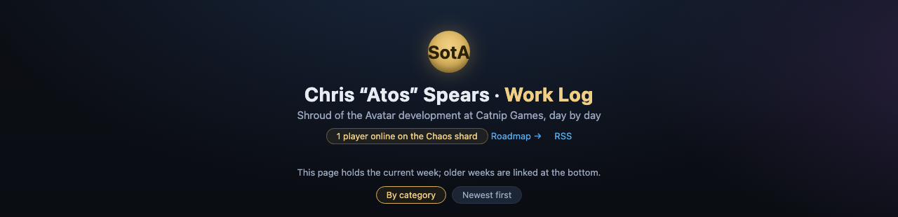 Blog front page header with a gold pill badge reading 1 player online on the Chaos shard