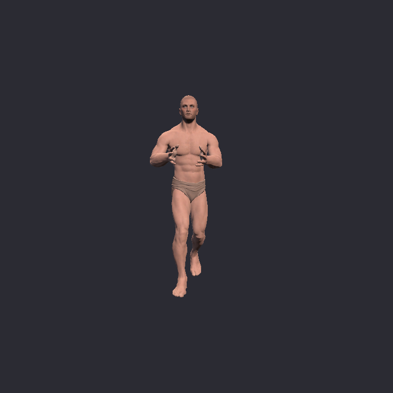 Editor render of the avatar mid clip-clop, sampled from the restored coconut gallop animation