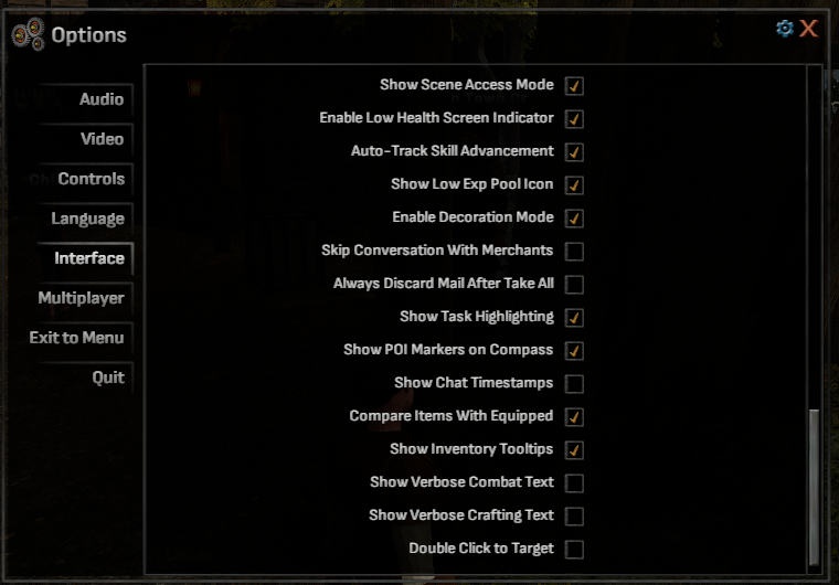 The Options window Interface tab with the new Show POI Markers on Compass checkbox directly under Show Task Highlighting