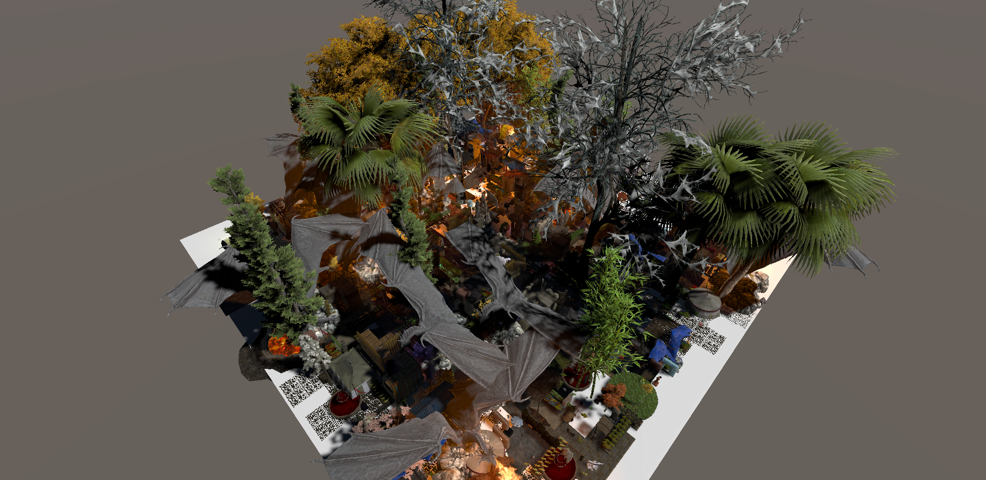 Synthetic deco benchmark scene: 3,000 real decoration prefabs in a seeded grid, viewed from the fixed overlook camera