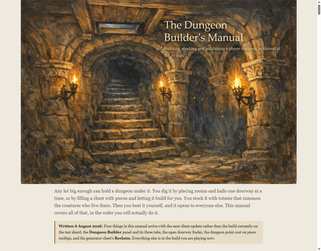 The top of the dungeon builder manual: a painted torchlit stone hall with the title over it, the opening paragraph, and a dated note about what is not on the test shard yet