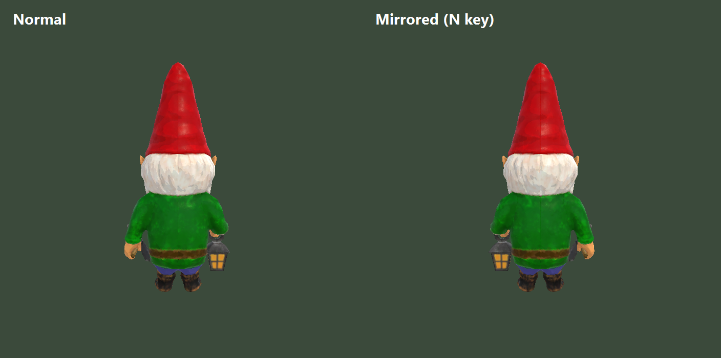 A garden gnome decoration before and after the mirror flip key: upright both ways, with the lantern swapping hands