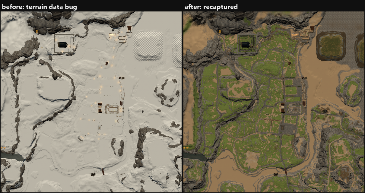 Side by side comparison of the Graff Island map, white untextured ground on the left, grass and sand terrain on the right