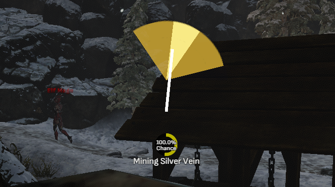 The new harvesting swing meter over a silver vein in Vertas Pass: the white needle inside the gold target wedge with its brighter perfect zone, above the mining chance readout