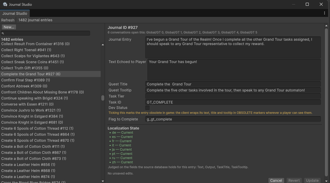 The Journal Studio editor panel, showing the searchable entry list on the left and the selected entry's fields and localization state on the right
