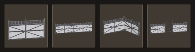 Four inventory icons showing the medium, long, corner and gated Kobold Steel and Stone Fence pieces