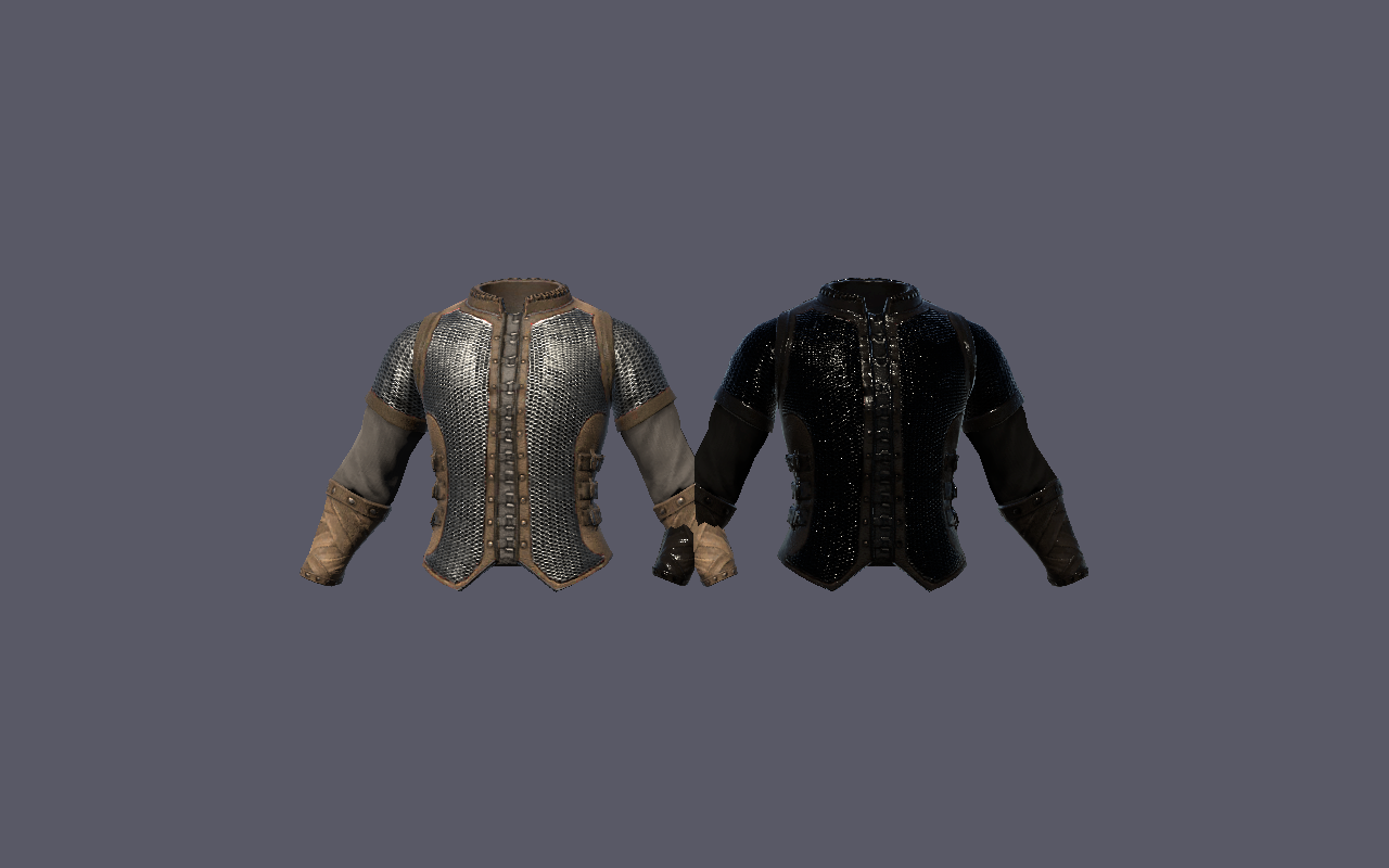 Regular silver chainmail chest armor beside the dark glossy obsidian version