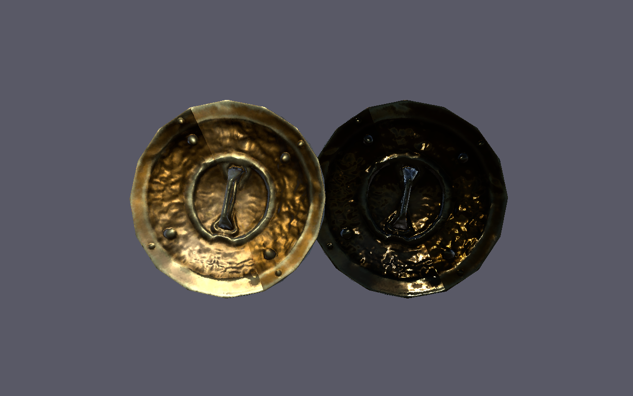 Regular bronze round shield beside the dark obsidian version