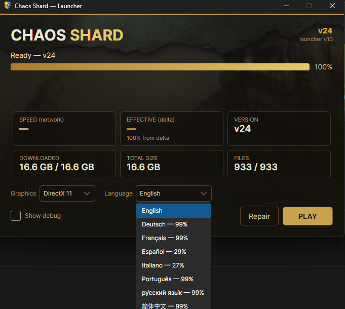 Launcher language picker listing languages with coverage percentages