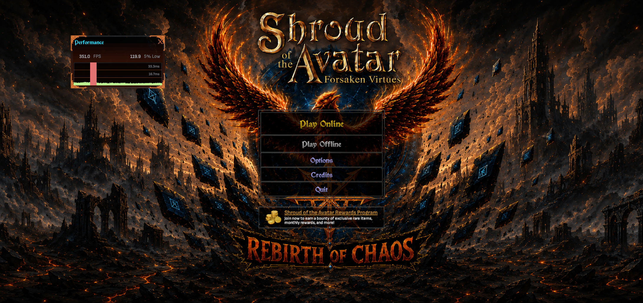 Performance window showing 351 average fps, 119.9 five percent low, and a frame-time bar graph with one red spike, floating over the Shroud of the Avatar title screen