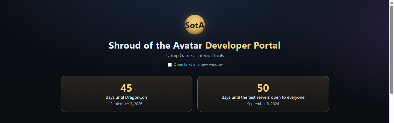 Portal front page with two gold countdown tiles: 45 days until DragonCon, 50 days until the test servers open to everyone