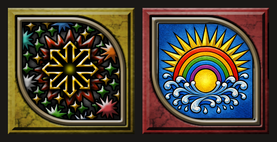 Two combo skill glyphs side by side, a dark starburst and a sun over a rainbow