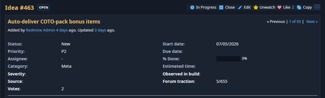 A wish list issue on the tracker with the new In Progress and Close quick-action buttons next to Edit