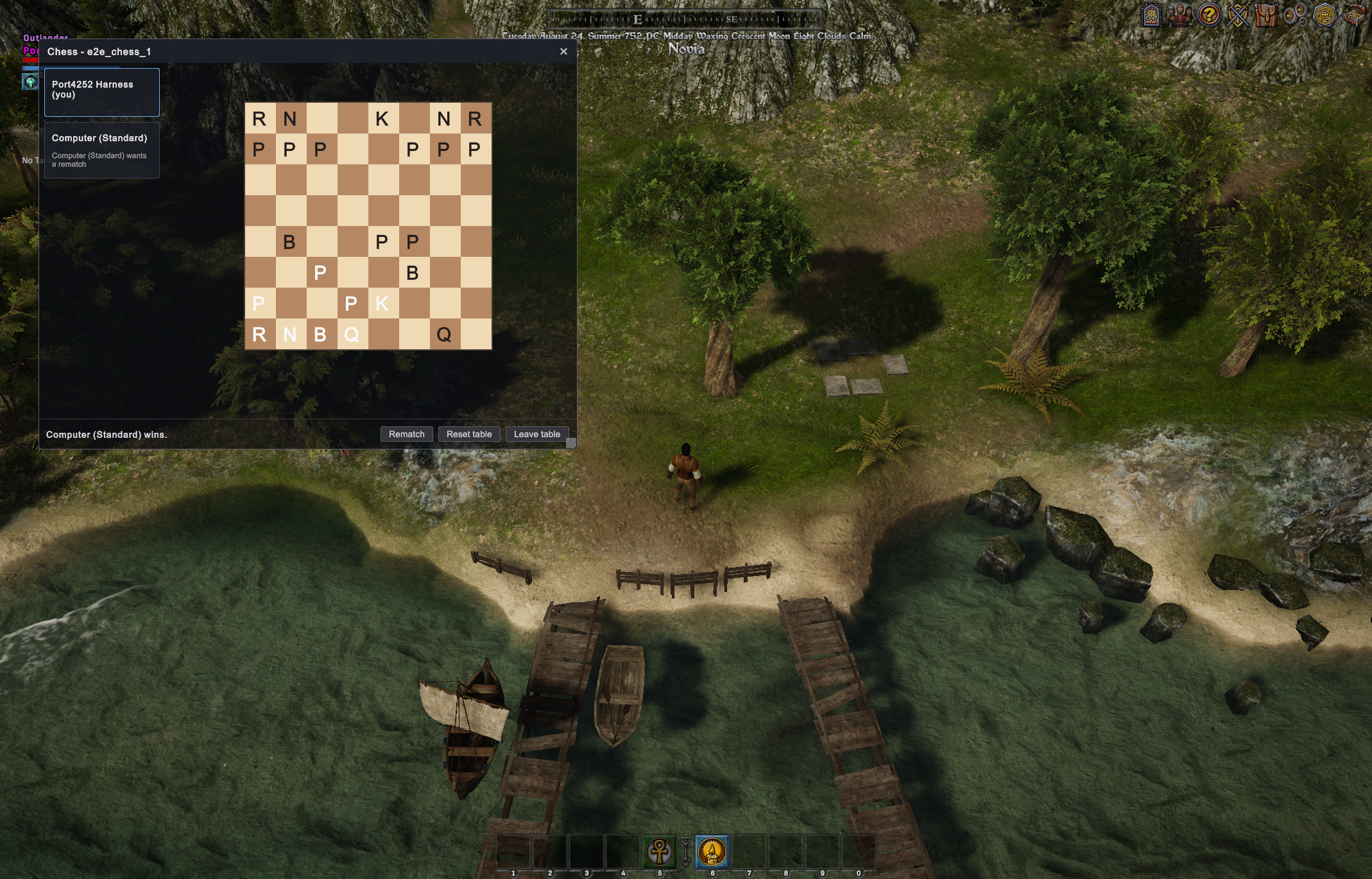 Chess game at a tavern table ending in checkmate by the computer opponent