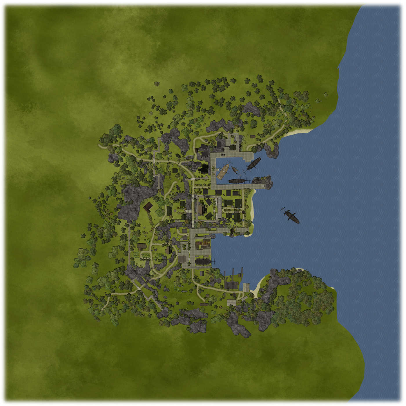 Top-down drawn map of a harbour town, with a forested headland, a stone-paved waterfront, wooden piers and three sunken ships in the bay