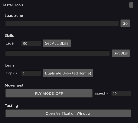 The Tester Tools window showing Load zone, Skills, and Items sections, and a new Movement section with a FLY MODE: OFF button and a speed field set to 10