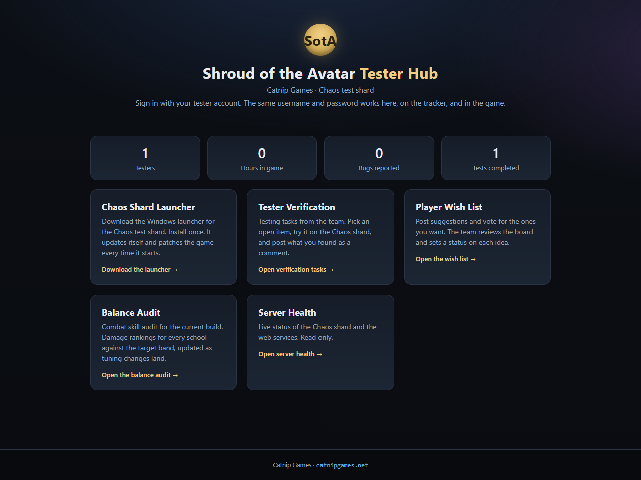 The tester hub as it looked at midday, with the first version of the stats area (aggregate tiles, later reworked into a per-tester leaderboard) above the launcher, verification, wish list, balance audit, and server health cards