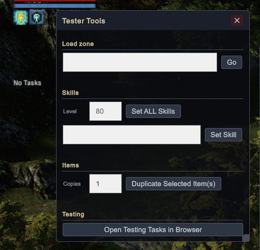 The Tester Tools window open in a live client session on build 31: load zone, set skills, duplicate selected items, and the testing task board button