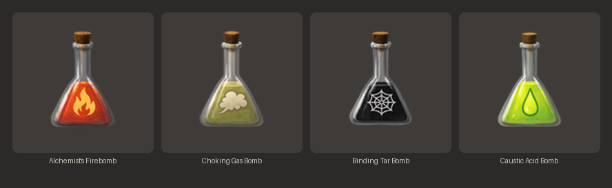 Four potion flask icons: orange with a flame, murky green with a vapour puff, black with a spider web, and bright green with a droplet