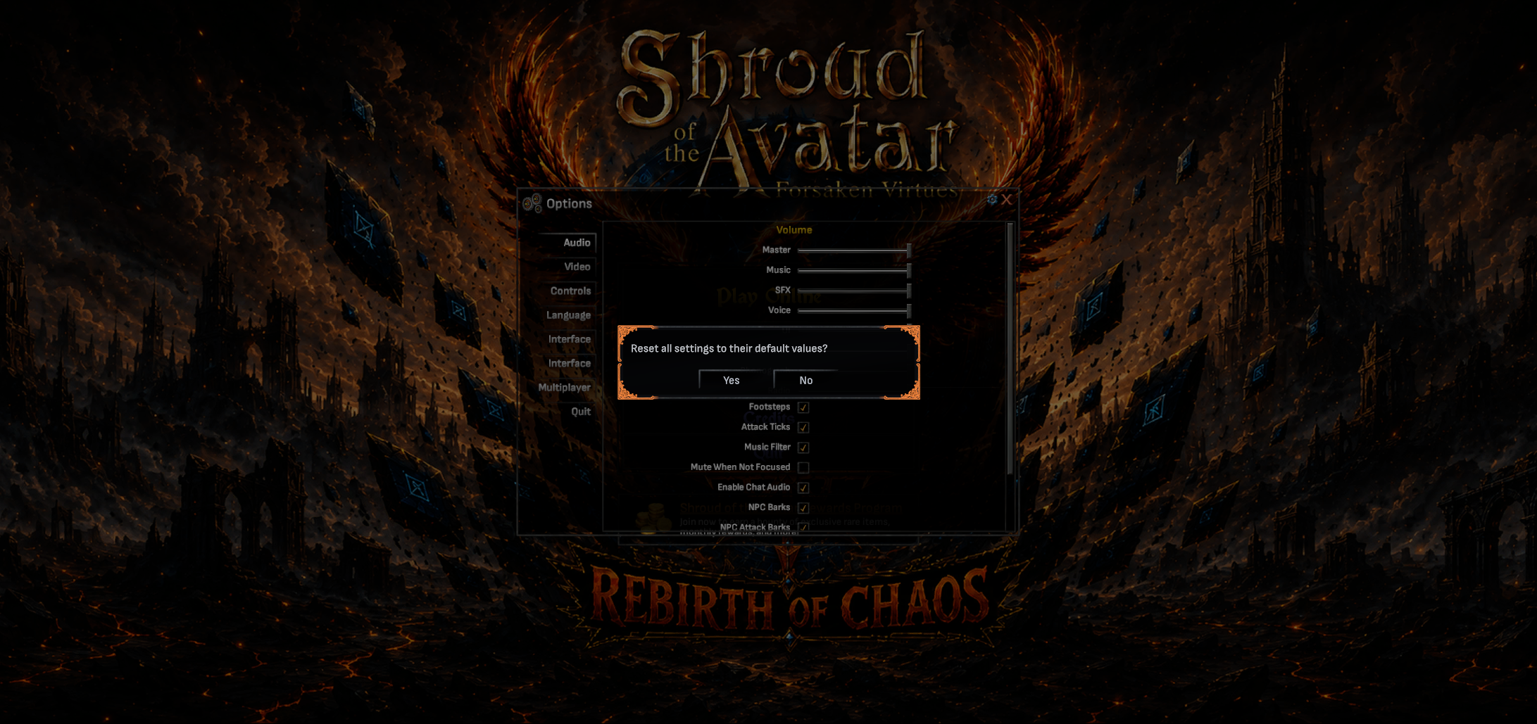 A themed confirmation popup asking to reset all settings, with Yes and No buttons, drawn on top of the legacy Options window over a dimmed title screen