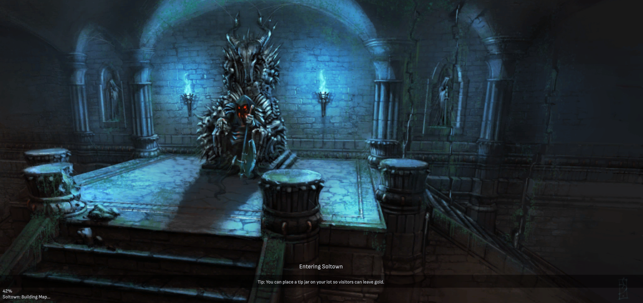 A loading screen showing a skeletal throne room artwork, the text Entering Soltown, a loading tip in a dark strip, and a percentage in the bottom left corner