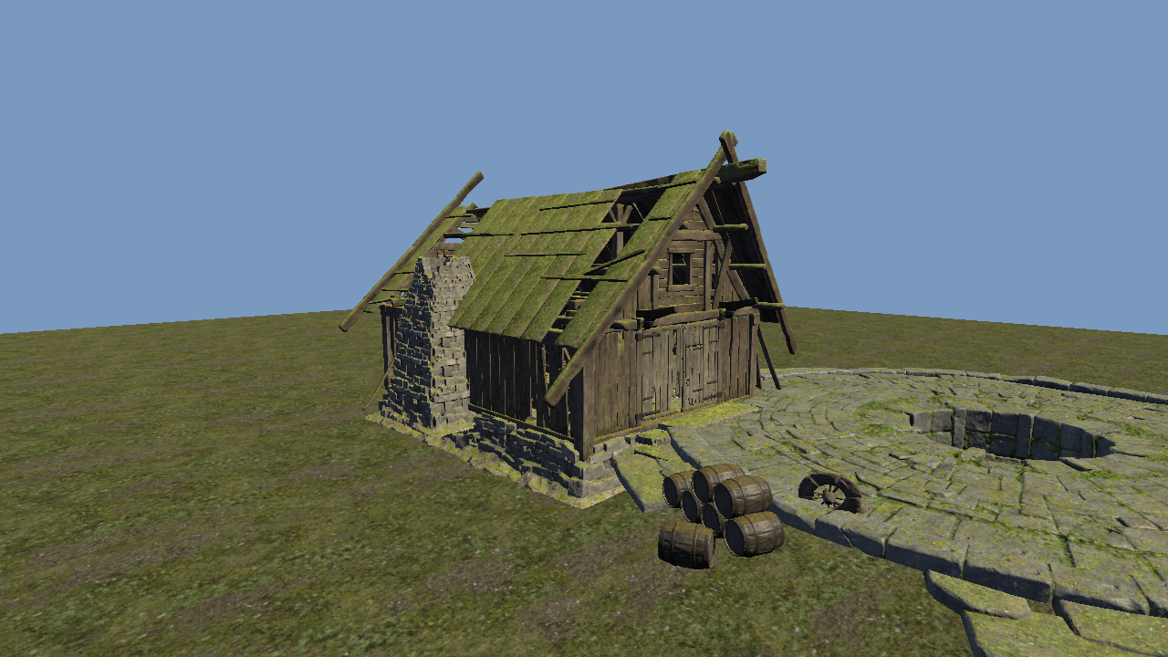 A blacksmith hut with barrels and a well rendered in the game's normal photorealistic style