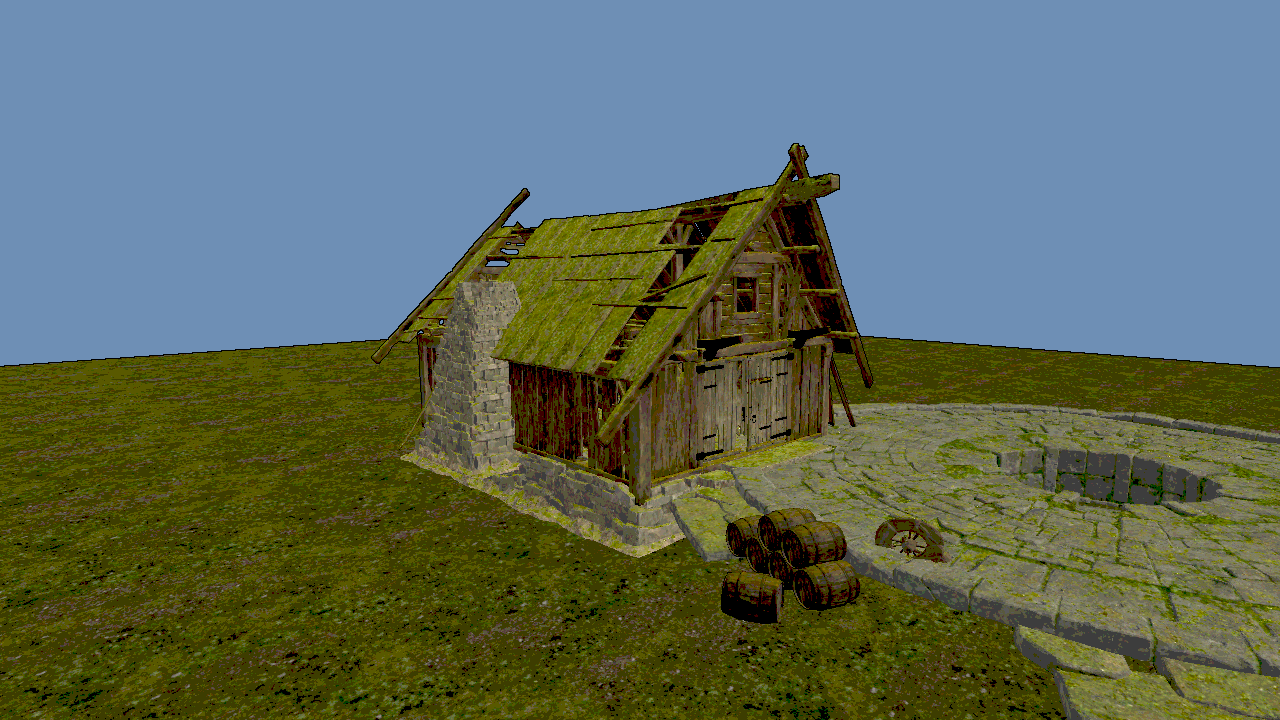 The same blacksmith hut rendered with flattened banded lighting, dark outlines, and posterized color