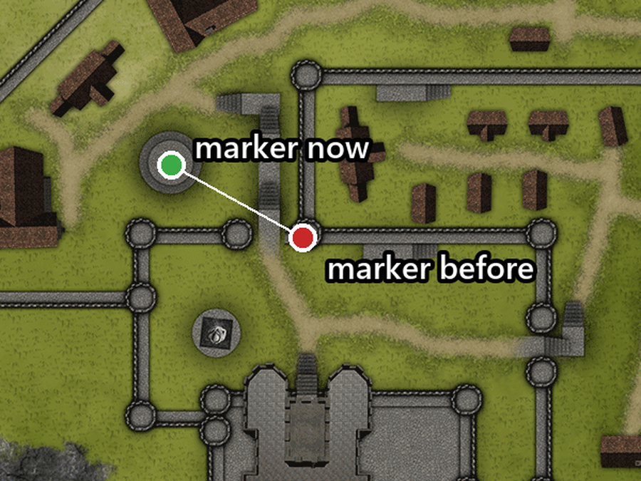 Valhold town map with the old and new player marker positions near the town well