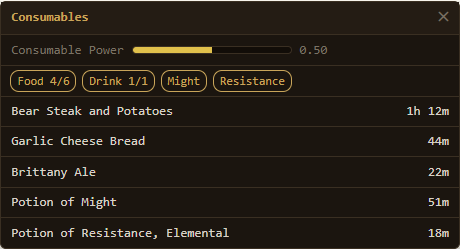 Mockup of the proposed consumables strip from the alchemy improvement plan: a Consumable Power meter, food and drink slot counters, and active buff timers