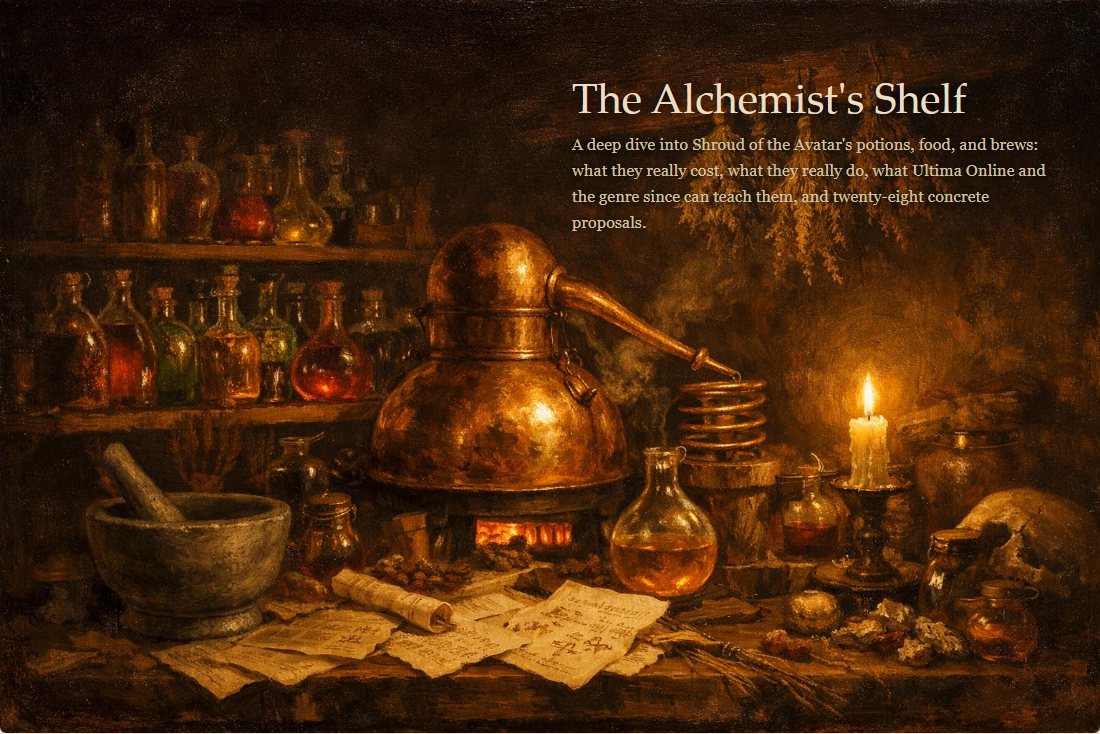 Title card of the alchemy deep dive: an oil painting of a candlelit alchemist workshop with shelves of glowing potions behind the page title