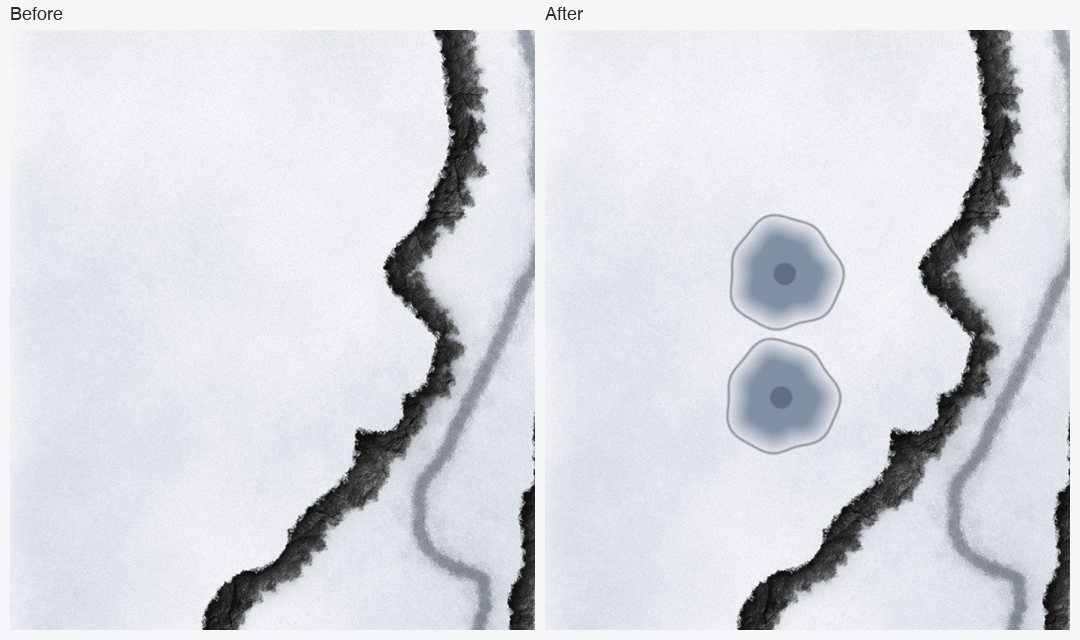 Alpine town map, west edge, before and after: blank snow, then two blue-grey ice holes beside the ridge line