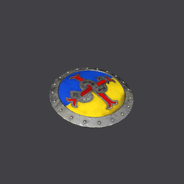Blue and yellow round shield with a red and grey serpent crest, lying flat