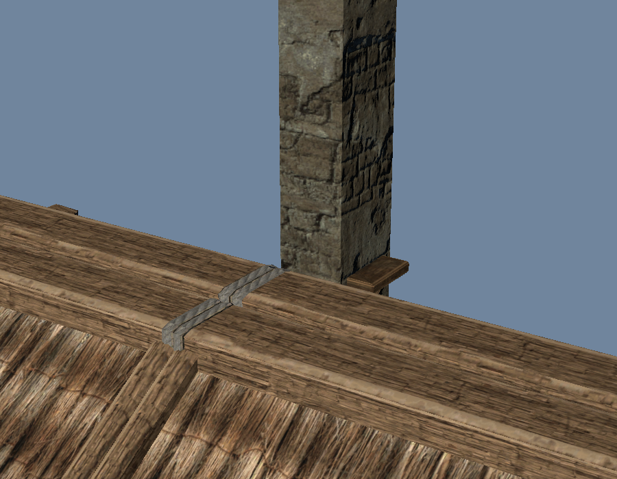 Antique shop chimney above a thatched roof with a small wooden shelf sticking out of it