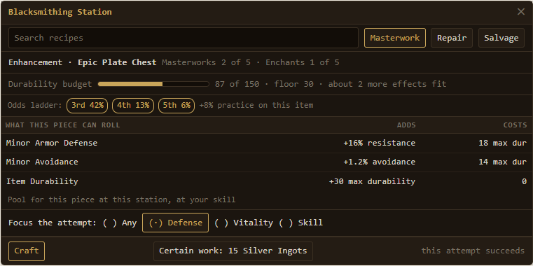 Mockup of the proposed enhancement panel at the blacksmithing station from the enhancement chain plan: a durability budget bar, the full odds ladder with a practice bonus, the bonus pool with costs, a focus selector, and a priced certain-work button