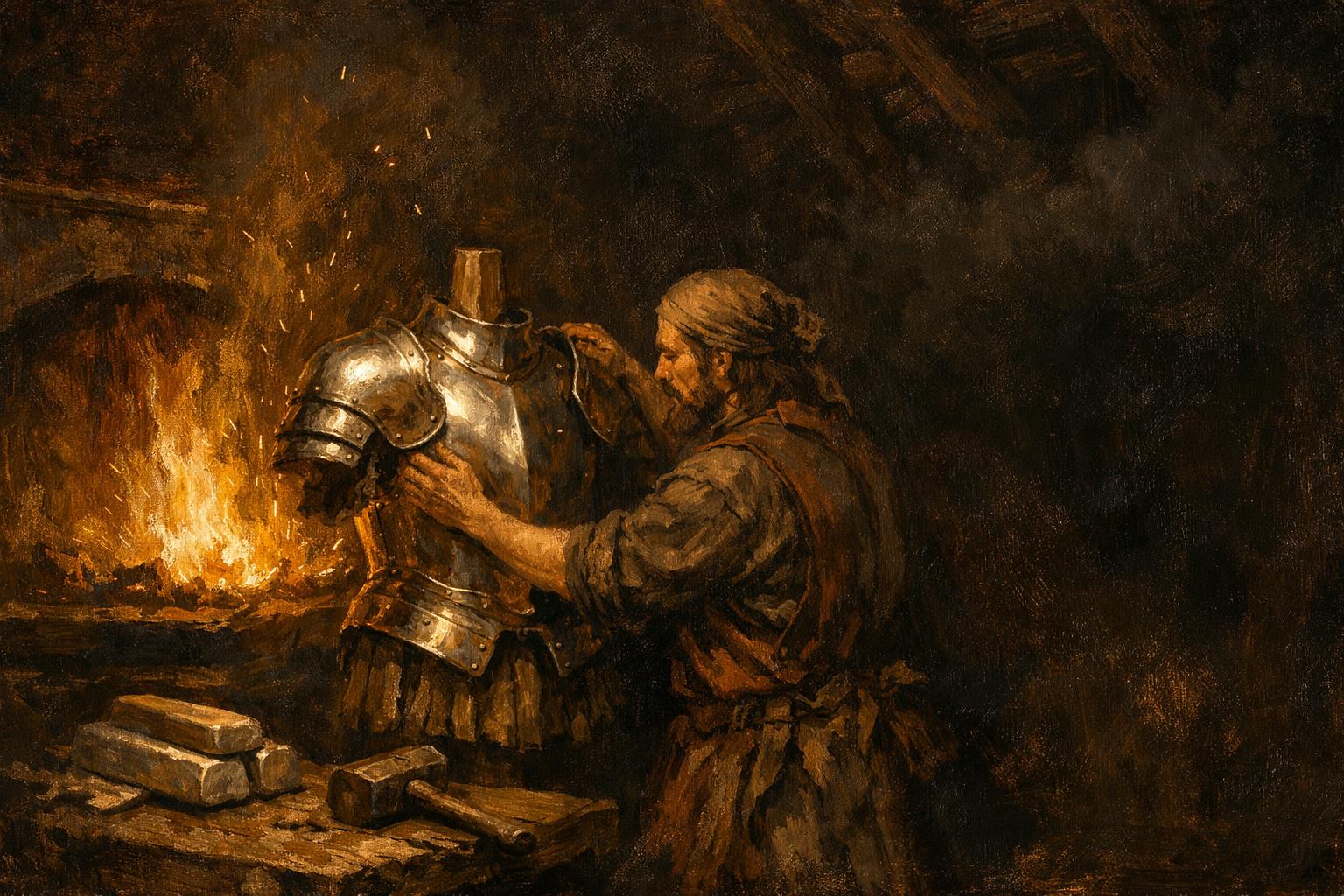Title card of the armor deep dive: an oil painting of a blacksmith at night fitting a plate cuirass onto an armor stand beside a glowing forge