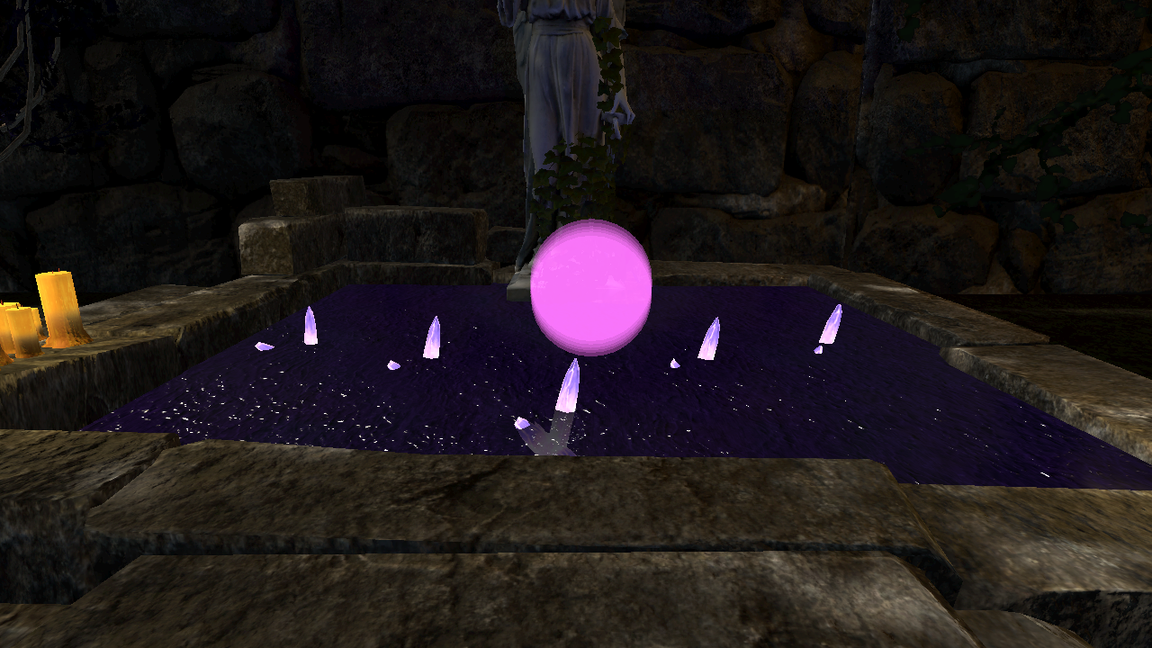 Atos shrine pool with five lit crystals