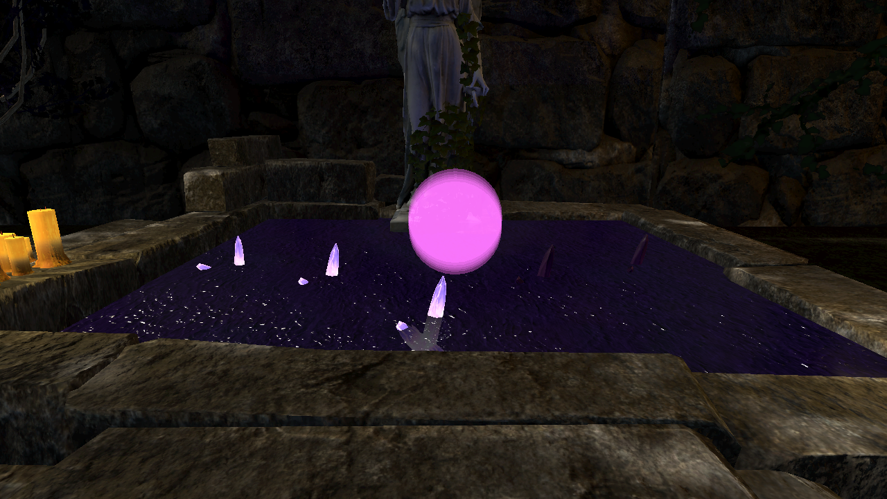 Atos shrine pool with three lit crystals