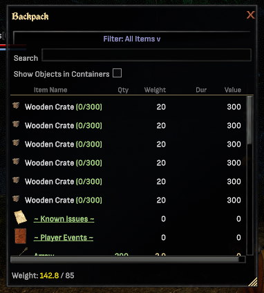 Backpack window with the category filter folded: one row reading Filter: All Items above the search box, and nine item rows visible