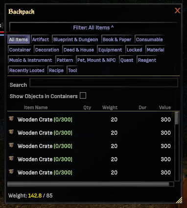The same backpack with the filter row clicked open, showing all nineteen category tabs wrapped across five rows