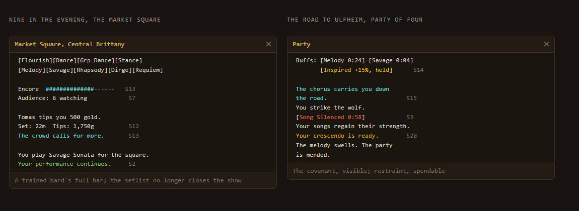 Two dark game window mockups showing a bard performance view and a party combat view