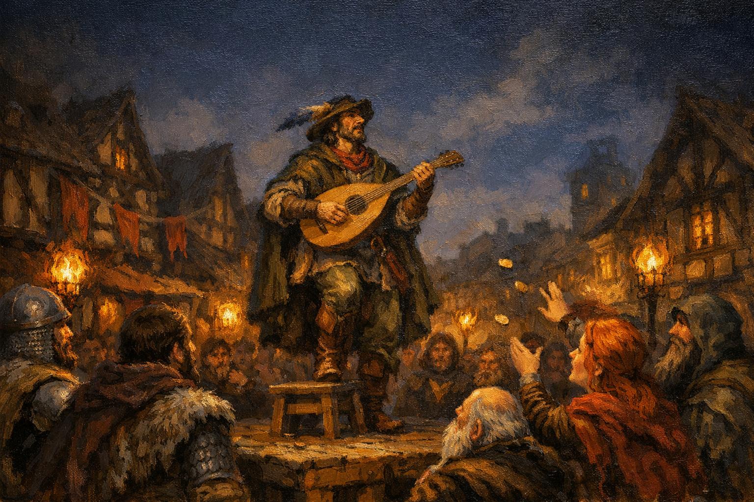 Oil painting of a bard performing to a crowd in a town square at dusk