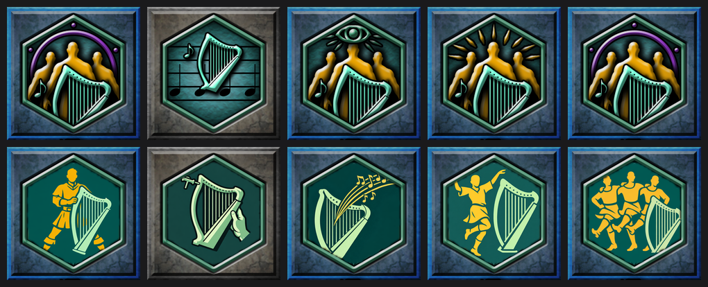 Two rows of bard skill icons, borrowed art above and new artwork below