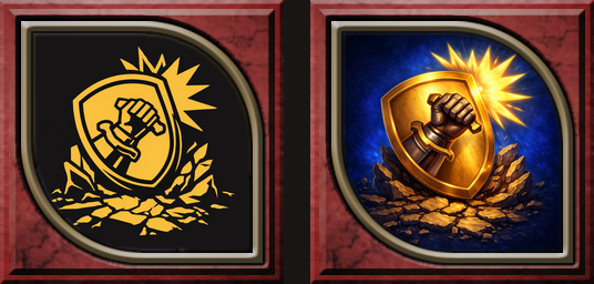 Two versions of the Bedrock skill icon, a gold shield planted in cracked rising stone inside a red combo frame