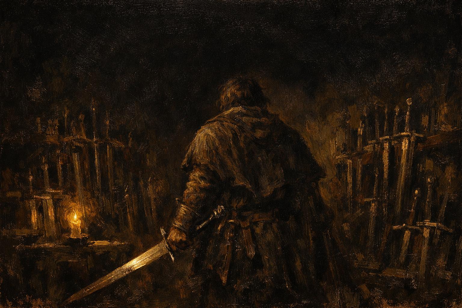 Oil painting of a swordsman in a candlelit armory surrounded by racks of blades