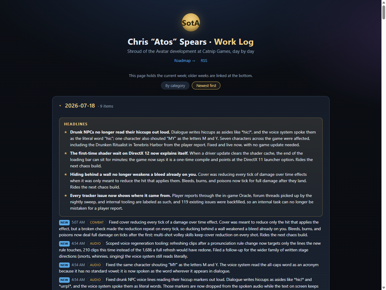 Work log page showing the Newest first view with NEW markers, times, and category tags